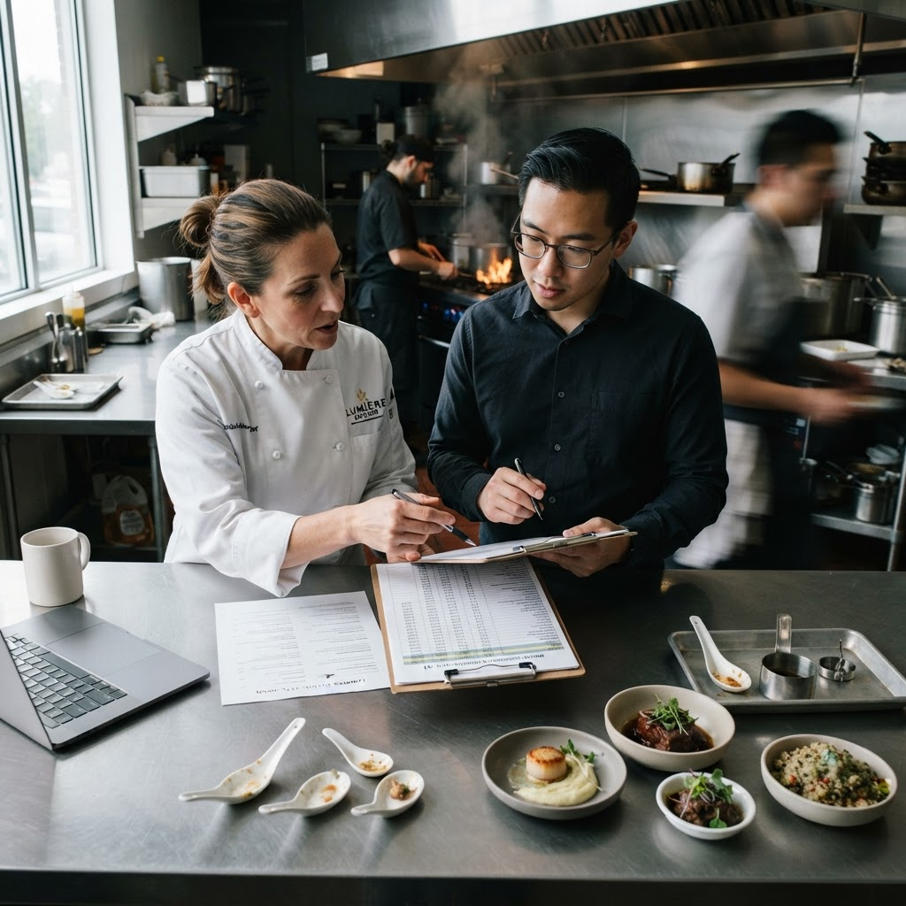 An executive chef and consultant reviewing menu plans on a kitchen counter