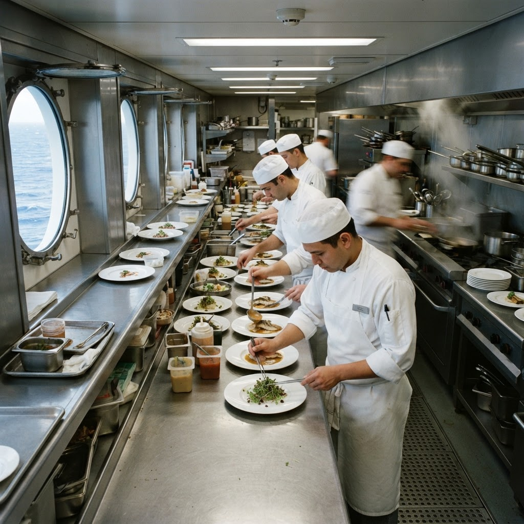 Chefs plating dishes along a stainless steel line in a cruise ship galley