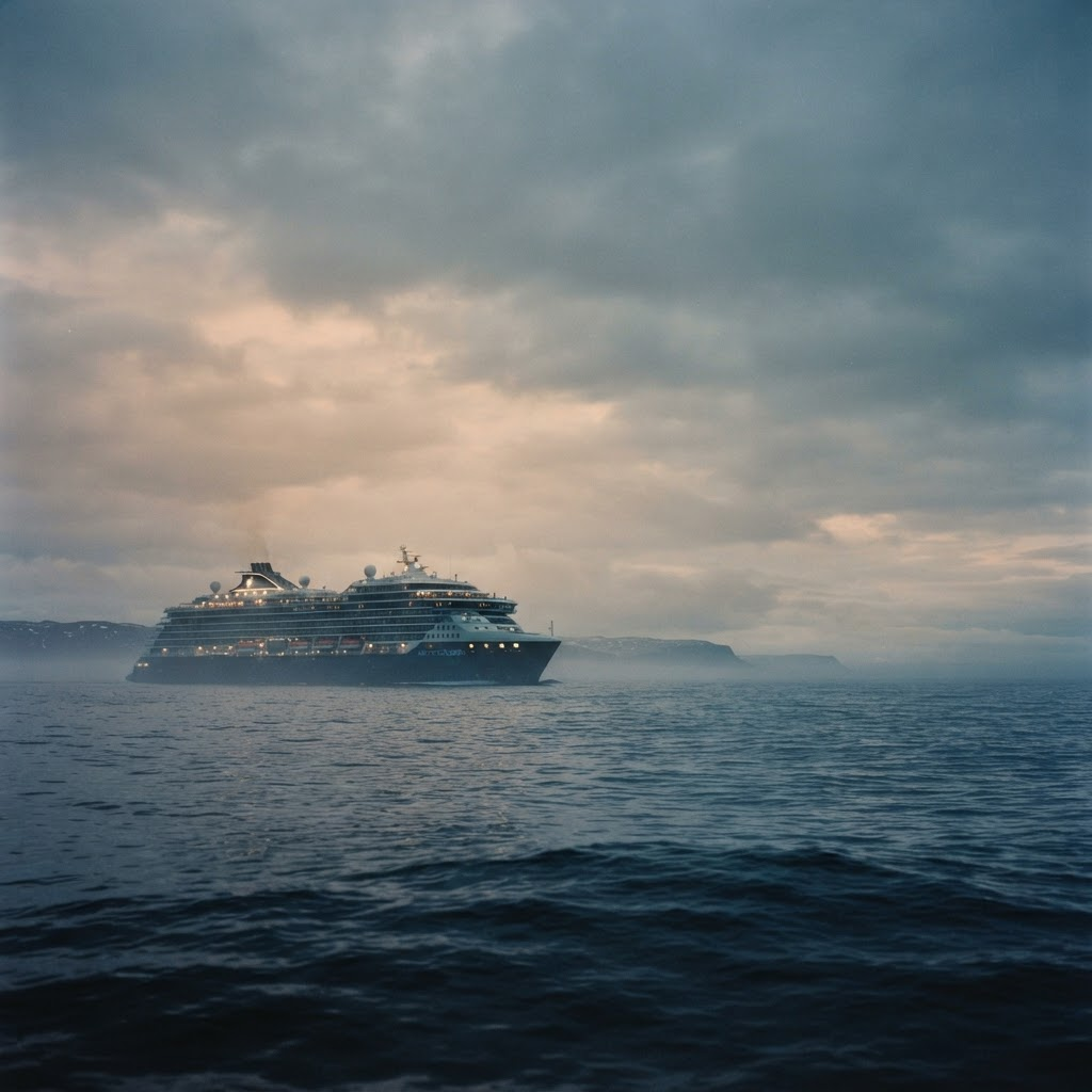 A cruise ship sailing across calm open water at dawn