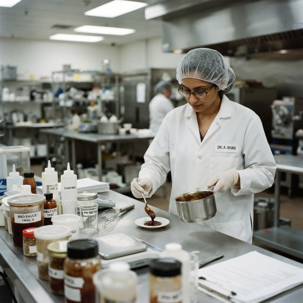 A food scientist plating a sauce sample in a stainless steel development kitchen