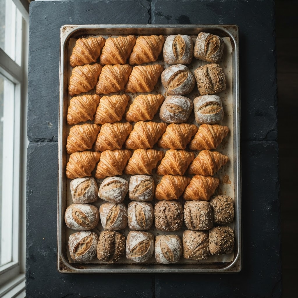 Rows of golden croissants and bread rolls on a steel baking tray